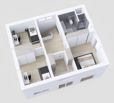 [Půdorys podkroví patrového pasivního domu na klíč s dispozicí 4+KK a garáží]