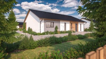 [Bungalov Haas, Instinkt 2-129. Sedlová střecha, obložení dřevem. Pohled zezadu, vizualizace.]