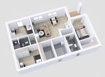 [půdorys bungalovu 4+kk se sedlovou střechou]