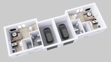 [půdorys přízemí dvojdomu se dvěma garážemi pro dvě rodiny]