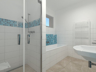 [Rodinný dům Haas, bungalov na míru, 3+kk. Koupelna s vanou, bílo-modré obložení.]