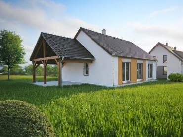 [Bungalov Haas, Rapido 2-81. Rodinný dům se sedlovou střechou, zahrada, pohled zvenku. Garážové stání.]