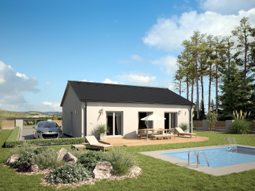 [bungalov s terasou a sedlovou střechou]