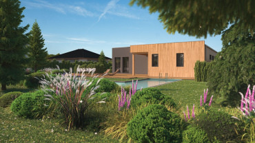 [Moderní modulový dům 5+kk s dřevěným obkladem, pohled ze zahrady]