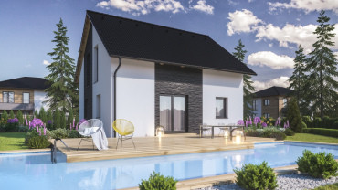 [Patrový rodinný dům Haas. Terasa před dřevostavbou se sedlovou střechou.]