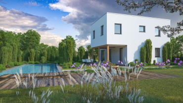 [moderní patrový dům s krytou terasou]