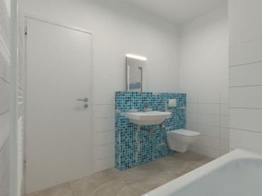 [Rodinný dům Haas, bungalov na míru, 3+kk. Koupelna, umyvadlo, toaleta, bílo-modré obložení.]