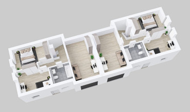 [půdorys 1. patra dvojdomu se dvěma garážemi pro dvě rodiny]