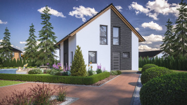 [Patrový rodinný dům Haas. Dřevostavba se sedlovou střechou a kamenným obkladem.]