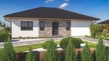 [klasický montovaný dům 4+1 s valbovou střechou a kamenným obkladem]