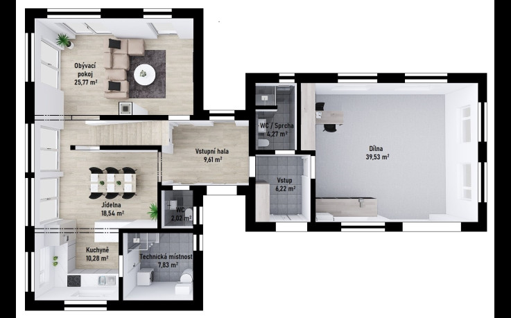 Dřevostavba Patrový dům s dílnou 50 m<sup>2</sup>