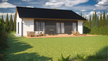 [bungalov se sedlovou střechou a kamenným obložením]