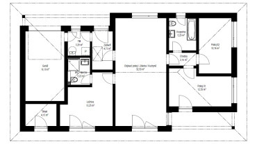 [Bungalov Instinkt 1-108, dřevostavba Haas. Rodinný dům 4+kk, půdorys.]