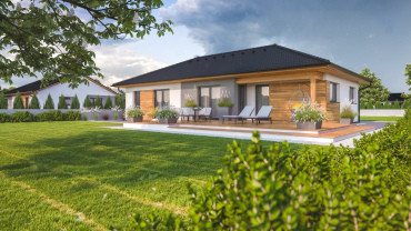 [Bungalov Instinkt 1-108. Dřevostavba Haas, rodinný dům 4+kk, dřevěné obložení, terasa, zahrada, francouzské okno. Pohled zepředu.]