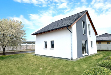 [Patrový rodinný dům Haas. Dřevostavba se sedlovou střechou a kamenným obkladem, se zahradou, pohled z boku.]