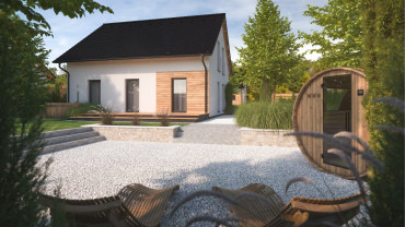 [Patrový rodinný dům Haas, vizualizace. Avanti 2-147, zahrada, pohled zepředu.]