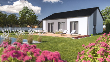 [Bungalov, rodinný dům Haas, vizualizace. Rapido 2-81, zahrada, pohled zepředu.]