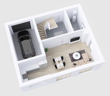 [Půdorys přízemí patrového pasivního domu s dispozicí 4+KK s garáží]