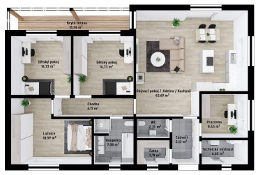 [Bungalov Haas, Instinkt 2-129. Sedlová střecha, obložení dřevem, půdorys - dispozice 5+kk.]