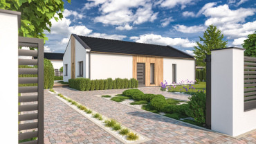 [bungalov se sedlovou střechou, pohled od příjezdové cesty]