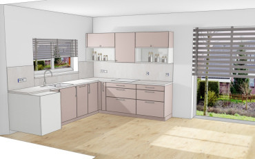 [Rodinný dům Haas, bungalov na míru, 3+kk. Vizualizace kuchyně.]