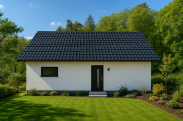 [Rodinný dům Haas, bungalov na míru, 3+kk, menší dům se sedlovou střechou, pohled zvenku.]