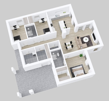 [půdorys přízemního montovaného domu s dispozicí 4+1]