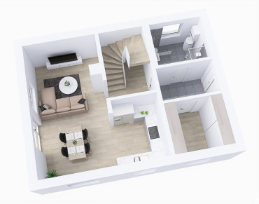 [Půdorys přízemí montovaného domu s dispozicí 4+1 ]