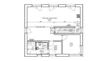 [Patrový rodinný dům Haas, dřevostavba, dispozice 5+kk, přízemí. Půdorys.]