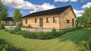 [bungalov se sedlovou střechou a celodřevěným obložením]