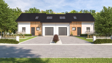 [Dvougenerační rodinný dům se sedlovou střechou a dvěma garážemi]