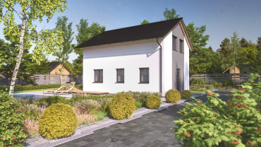 [montovaný dům 4+1 Festivo se sedlovou střechou a vstupem ze štítové strany]