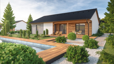 [pasivní dům na klíč se sedlovou střechou a krytou terasou]