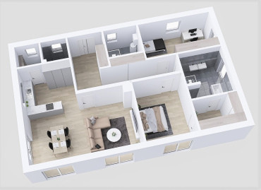 [Půdorys bungalovu 3+kk se sedlovou střechou]