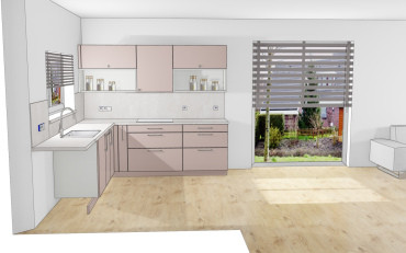 [Rodinný dům Haas, bungalov na míru, 3+kk. Vizualizace kuchyně.]