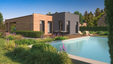 [moderní montovaný přízemní dům 4+1 s dřevěným obložením a terasou]