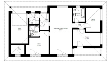 [Bungalov Instinkt 1-108, dřevostavba Haas. Rodinný dům 4+kk, půdorys.]